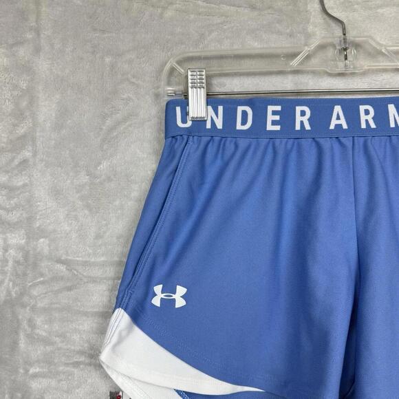 Under Armour HeatGear Light Blue White Athletic Shorts Size S Performance Logo - Picture 2 of 8